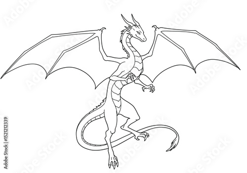 Anime dragon drawing. It is a black and white outline image of a graceful, winged anime-style dragon, ideal for coloring. Vector sketch line art draw.