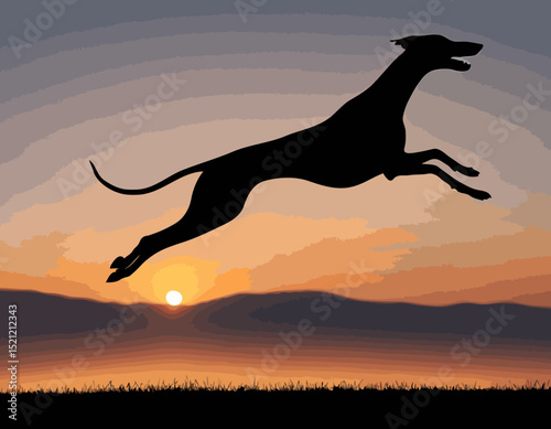 Graceful Greyhound Silhouettes Racing in Full Stride Against a Sunset Sky