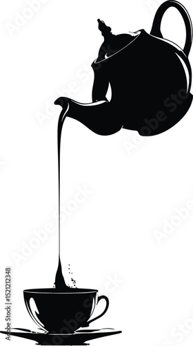Teapot & Teacup Silhouette Symbol Set Featuring a Classic Pouring Action—A Teapot Tilting to Pour Liquid Into a Teacup Resting on a Saucer—Representing Tea Culture, Hospitality, and Warmth
