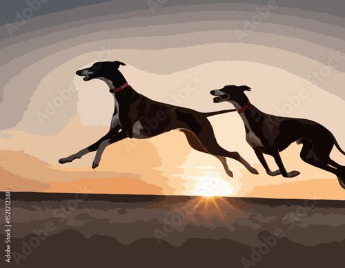 Graceful Greyhound Silhouettes Racing in Full Stride Against a Sunset Sky