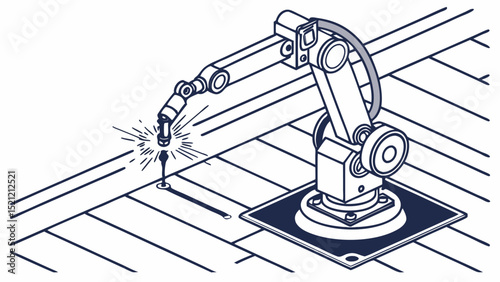 Illustration of a robotic arm welding a small object on a wooden surface with sparks flying around it