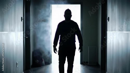 Silhouetted figure standing in bright doorway at end of dark corridor, creating dramatic backlit entrance and opportunity concept