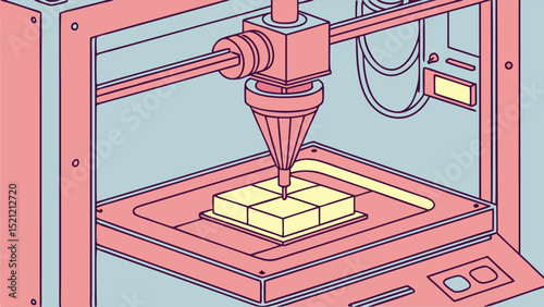 Illustration of a d printer creating a yellow object on a platform inside a pink machine frame