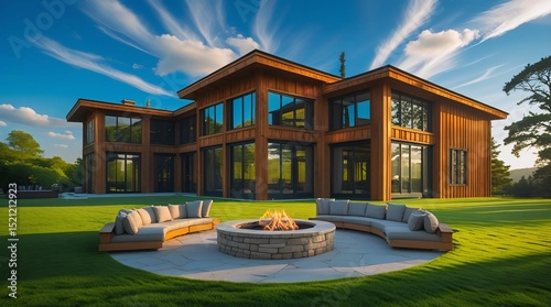 Realistic house built from horizontal wooden beams, green grass, outdoor fire pit, blue sky, daytime lighting