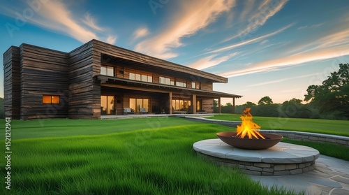 Realistic house built from horizontal wooden beams, green grass, outdoor fire pit, blue sky, daytime lighting