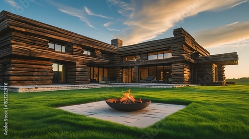 Realistic house built from horizontal wooden beams, green grass, outdoor fire pit, blue sky, daytime lighting