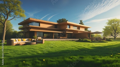 Realistic house built from horizontal wooden beams, green grass, outdoor fire pit, blue sky, daytime lighting