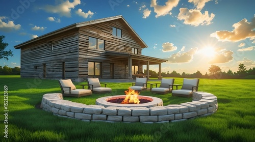 Realistic house built from horizontal wooden beams, green grass, outdoor fire pit, blue sky, daytime lighting