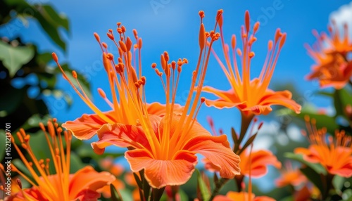 a vibrant close up of the pride of barbados (caesalpinia pulcherrima), taken with a 70 200mm telephoto lens, f/3 photo