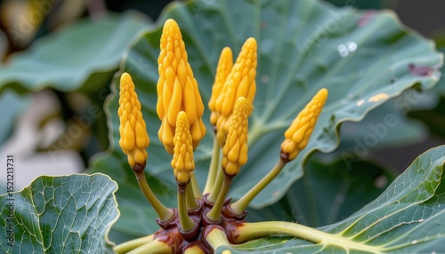 a close up photograph of the golden lotus banana (musella lasiocarpa), taken with a 70 200mm telephoto lens photo