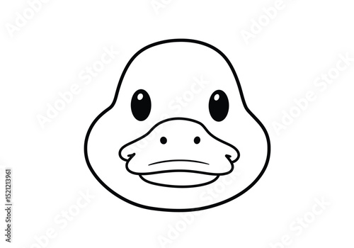 Duck face drawing. It is a cute black and white outline image of a cartoon duck's head with a friendly expression. Vector sketch line art draw.