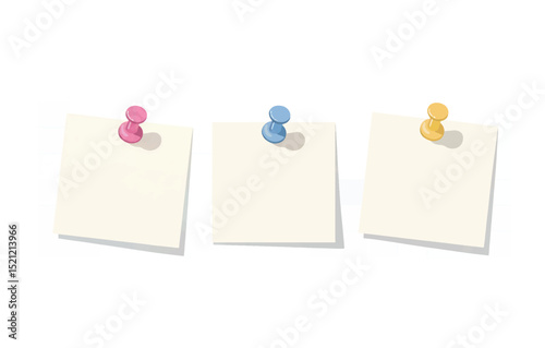 Digital Illustration of Three White Sticky Notes with Colorful Pushpins on White Background
