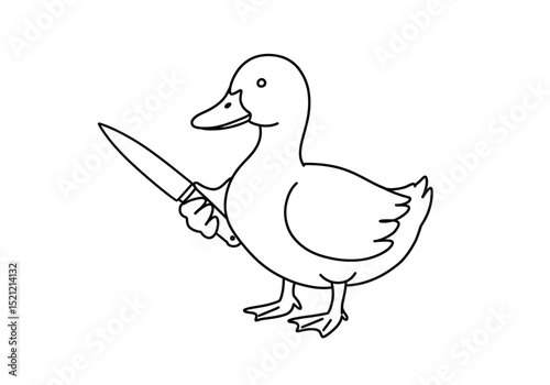 Duck with knife drawing. It is a humorous black and white outline image of a duck holding a knife, ready for coloring. Vector sketch line art draw.
