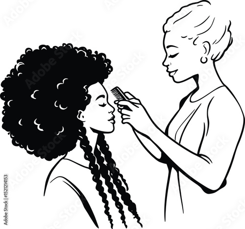 Hair Styling Symbol Set Featuring Two People Engaged in Grooming: One Holding a Comb or Brush and Styling the Other’s Curly Hair—Representing Personal Care, Beauty, and Salon Services