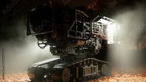 Futuristic robotic machine illuminated in misty autumn park, showcasing advanced technology