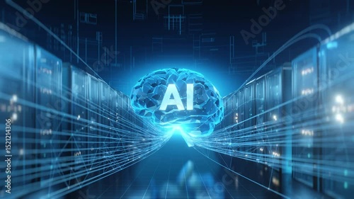 Abstract concept of Artificial Intelligence represented by a glowing brain structure within a data center environment, connected by futuristic network lines to server racks.
