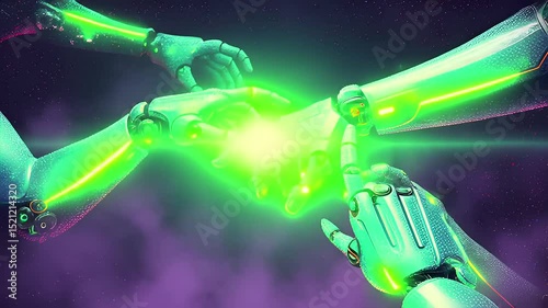 Futuristic robotic hands reaching out to connect in a cosmic background with glowing accents