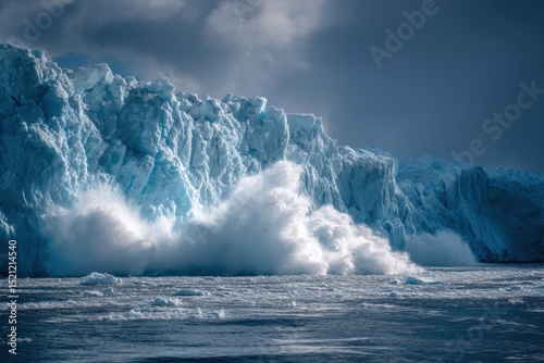 Melting ice shelf breaking apart with fragments falling into dark ocean waters showcasing climate change impact in professional nature photography with pristine blue glacier