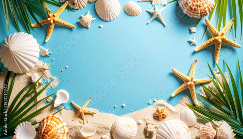 a vibrant beach themed collage, with a focus on shells and starfish, alluding to a tropical seaside atmosphere photo