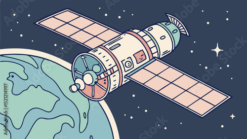 Illustration of a satellite orbiting earth with stars in the background and solar panels extended out