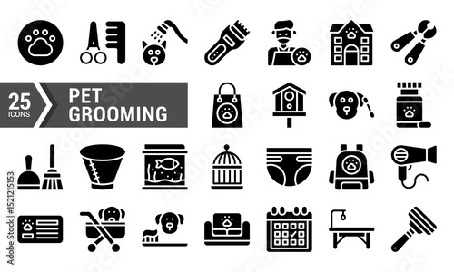 25 Black and White Pet Grooming Icons.