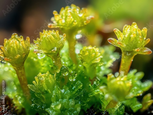 Plant macro with moisture detail, showcasing morning freshness and green tones, close-up nature feel