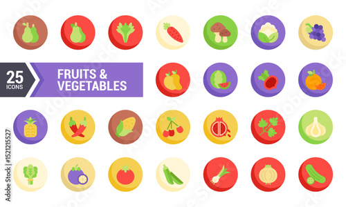 25 Colorful Flat Icons of Fruits and Vegetables in a Circle.