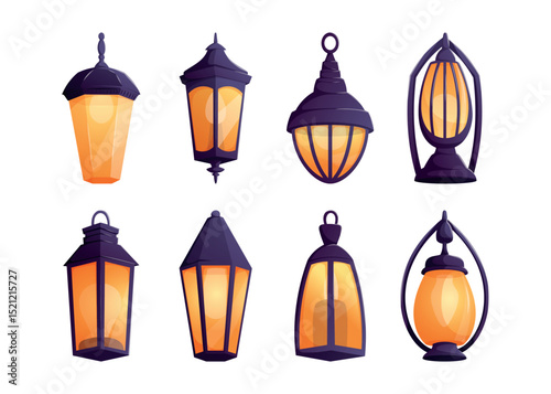 Set of isolated vintage lanterns with glowing orange light and dark tops. Vector cartoon illustration perfect for magical, festive, medieval, or fantasy themed projects and decorative assets.