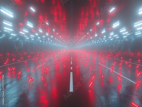 A futuristic tunnel lit with red and blue reflective lights