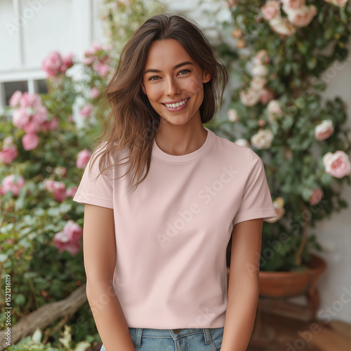 Plain Pink T-Shirt Worn by Woman in Garden Setting, Surrounded by Flowers, Casual Fashion