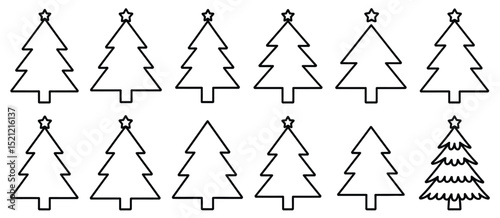 Twelve Outline Christmas Trees with Star Toppers