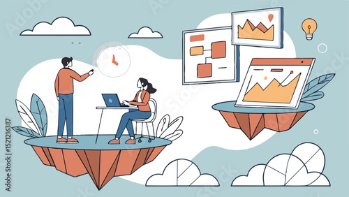 Illustration of a team working on floating islands with charts and a lightbulb in the background