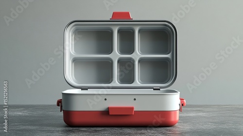 An open, empty, rectangular lunchbox with six compartments, a red base and lid, grey interior, and small red handles sits on a dark grey surface against a light grey background