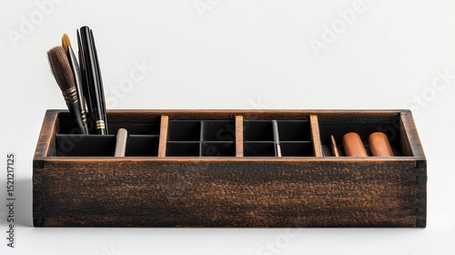 Dark brown wooden organizer with partitioned compartments holding various writing and painting tools, including brushes and pens, against a bright white background