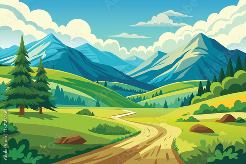 scenic mountain landscape illustration with lush greenery

