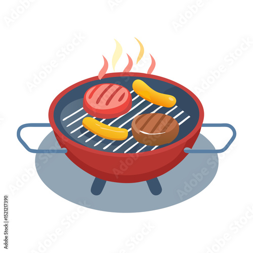 Vector illustration of a barbecue grill with sizzling steaks and sausages