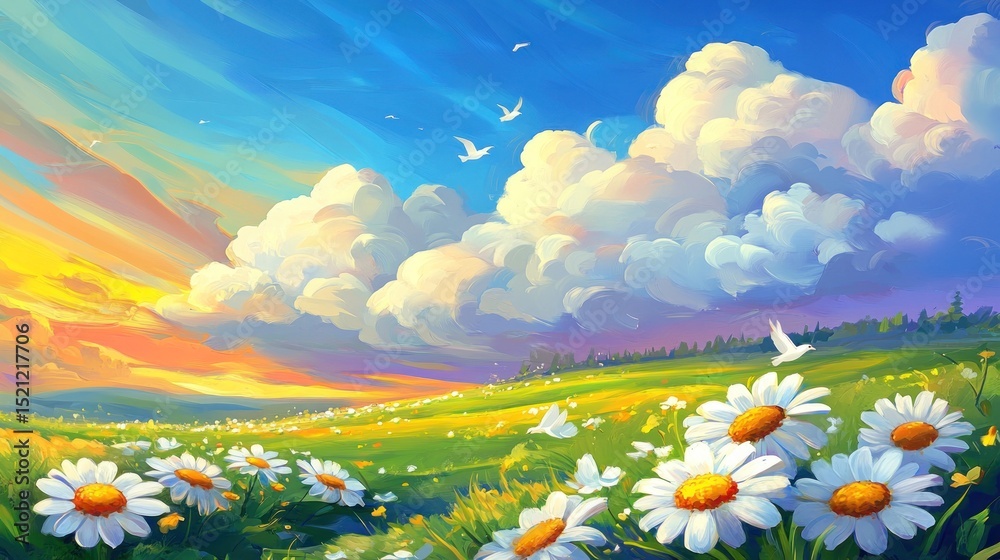 Fototapeta premium A vibrant, colorful landscape of a meadow with wildflowers and a beautiful sky.