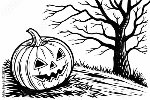 Spooky Jack-o'-lantern in the Grass for Halloween vector art design