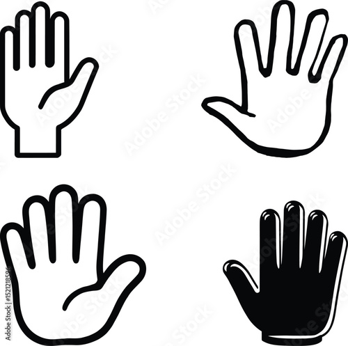 Hand Illustration Symbol Set Featuring Four Distinct Hand Designs: A Simple Outline, A Rounded Outline, A Bold Defined Shape, and A Solid Silhouette—Representing Gesture, Communication, and Human Symb