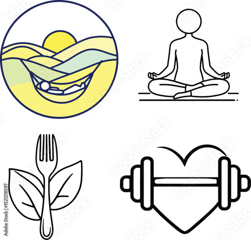 Health & Wellness Symbol Set Featuring Four Icons Representing Different Aspects of Well-Being: A Nature Landscape with a Smiling Mouth, A Meditative Figure, A Fork with Leaves for Healthy Eating, 