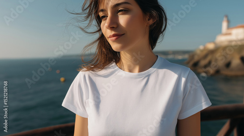 Plain White T-Shirt Worn By A Young Woman Outdoors With Ocean Background On A Sunny Day