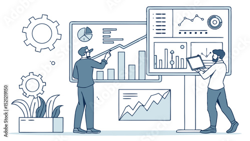 Illustration of two men analyzing charts and graphs on screens with gears and plants nearby