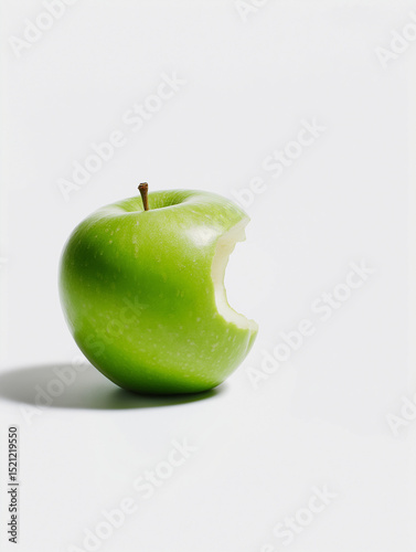 Green Apple With A Bite On White Background