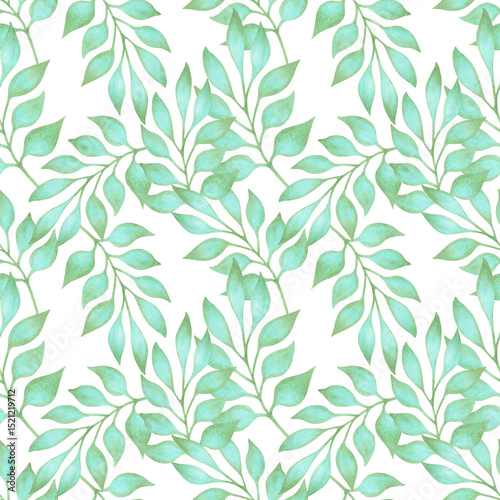 Wallpaper Mural Seamless pattern with graceful turquoise leaves. Watercolor illustration. Hand drawn botanical art. Natural background, simple branches for textile design, packaging, wallpaper, fabric, wall print Torontodigital.ca