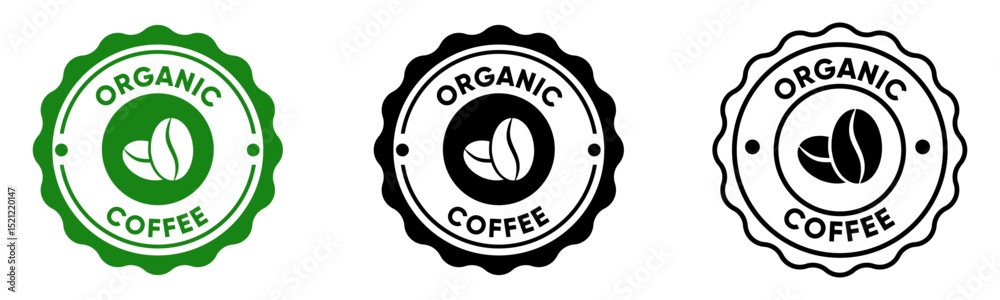Organic Coffee Badge Logo Design with Bean Icon in Green and Black Variants