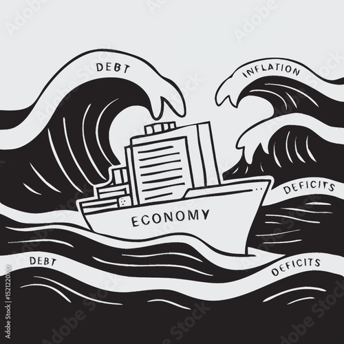 Vector stormy ocean with a ship labeled 'Economy' navigating through waves named 'Debt,' 'Inflation,' and 'Deficits.