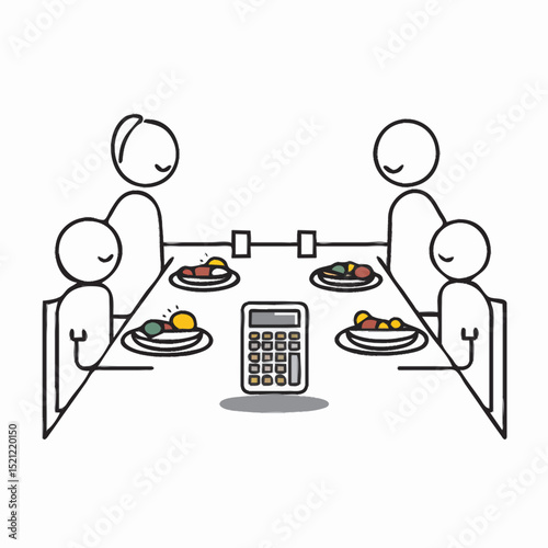 A minimalist vector illustration of a diverse family sitting at a dinner table. The family members are drawn with clean, simple lines and a flat design, reflecting the trend of modern digital art. 