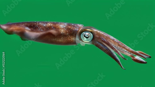 Translucent squid with detailed eye, iridescent pattern on green background.