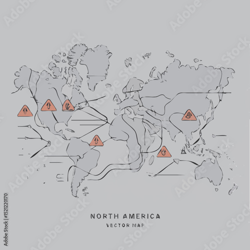 Vector map highlighting disrupted trade routes between North America and Asia, with warning signs and barriers indicating the breakdown in supply chains.