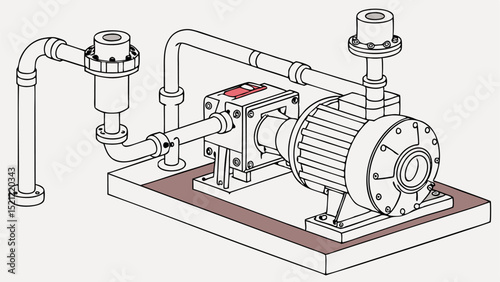 Isometric view of an industrial pump system with pipes and motor mounted on a rectangular platform base